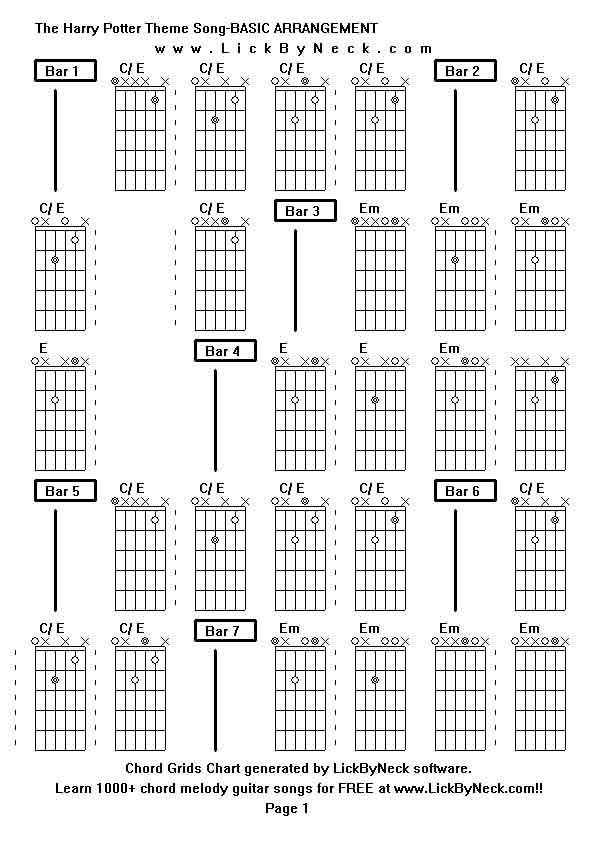 Chord Grids Chart of chord melody fingerstyle guitar song-The Harry Potter Theme Song-BASIC ARRANGEMENT,generated by LickByNeck software.